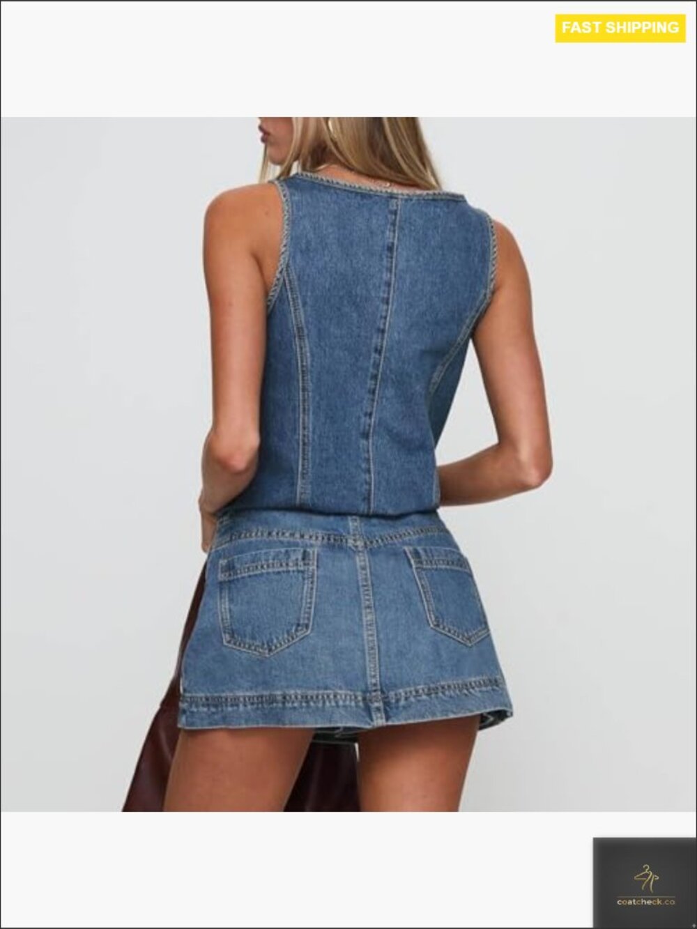 Denim 2 Piece Set Tie Front Vest and Mini Skirt Trendy Summer Going Out Outfit - Picture 5 of 7